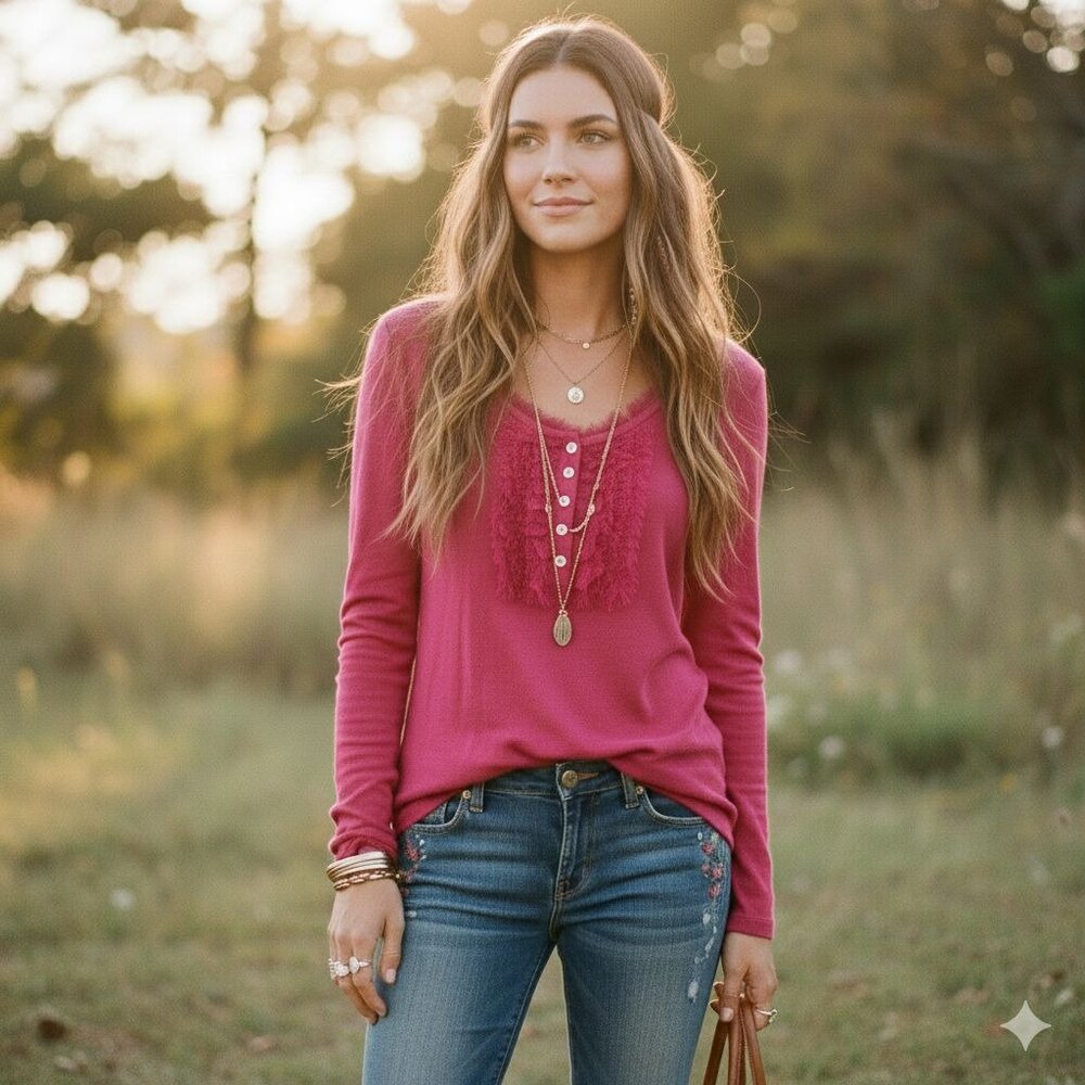 Banana Republic Womens Henley Long Sleeve Top Size Medium Fringe Boho Chic‎ Y2K